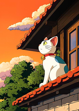 Cat on a Rooftop at Sunset