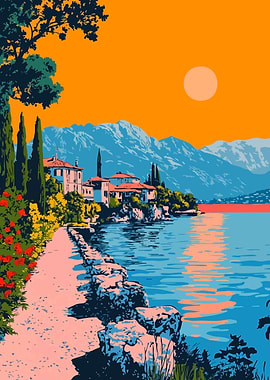 Sunset Lake Village Travel Minimalist Art Illustration