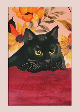 Black Cat with Flowers