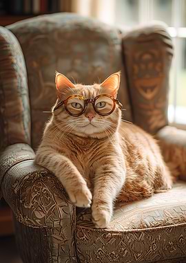 Cat in Glasses on Armchair