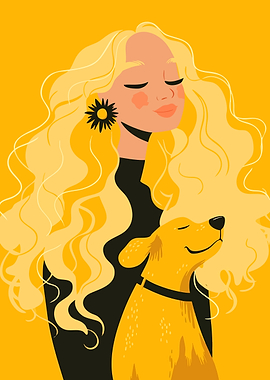 Blonde Girl and Her Golden Dog Minimalist Art Illustration
