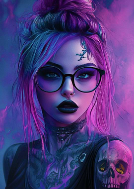 Cyberpunk Girl with Skull Tattoo