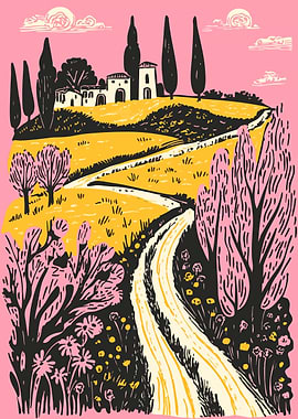 Winding Road Tuscany Minimalist Art Illustration