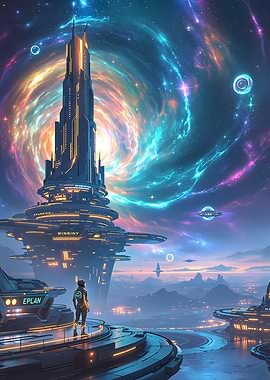 Futuristic Cityscape with Nebula