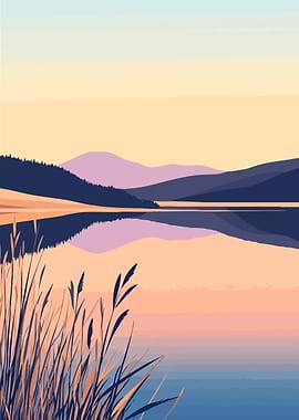 Pastel Peaceful Sunset Lake Landscape Minimalist Art