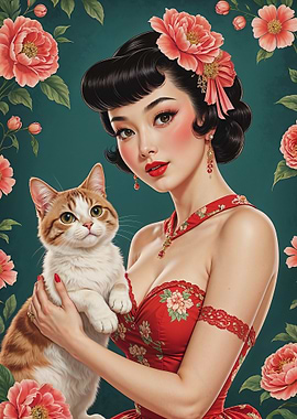 Asian Woman with Cat and Flowers