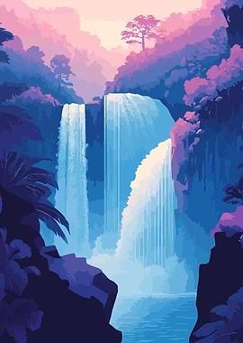 Zen Waterfall Retro Synth Minimalist Art Illustration