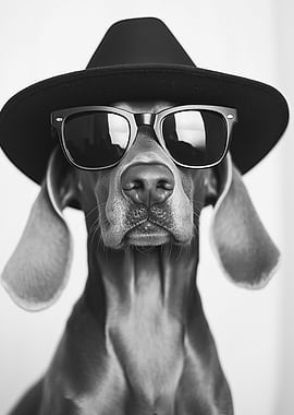 Dog in Sunglasses and Hat - Cool Dog Portrait - Weimaraner in Hat and Sunglasses