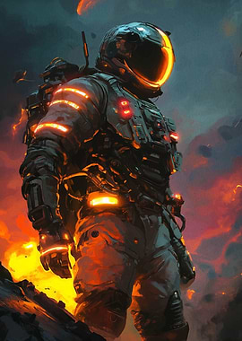 Space Suit in Fiery Landscape