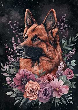 German Shepherd with Flowers