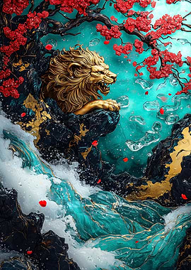 Golden Lion & Cherry Blossoms