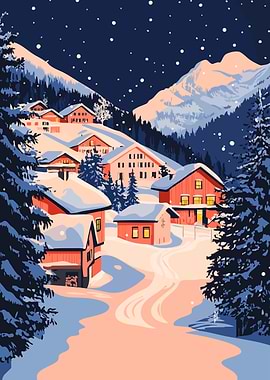 Snowy Mountain Village Minimalist Art Illustration