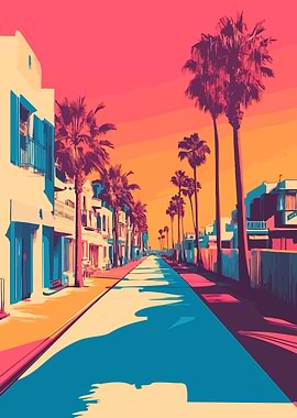 Palm Tree Lined Street California Minimalist Art Illustration
