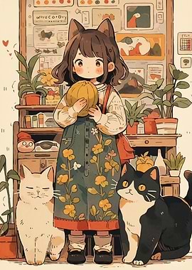 Cute Girl with Cats