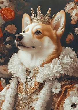 Regal Corgi Portrait with Crown and Floral Accents