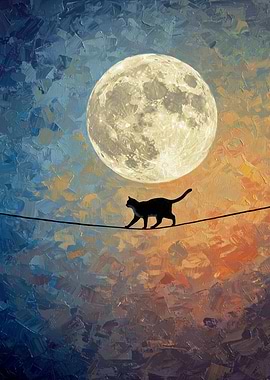 Cat Walking on Wire with Moon