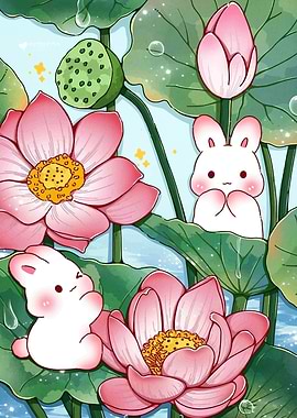 Cute Bunnies and Lotus Flowers