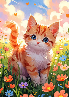 Cute Kitten in Flower Field