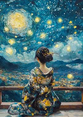 Woman in Kimono Under Starry Night