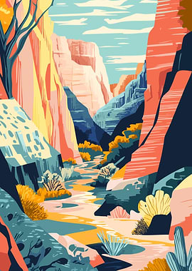 Pastel Sedona Canyon Landscape Minimalist Art Illustration