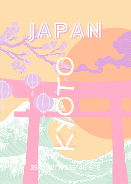 Kyoto Japan Travel Art, Orange Pastel Art