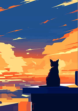 Cute City Cat Watches Sunset Minimalist Art Illustration