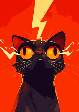 Funny Electric Black Cat Minimalist Art Illustration