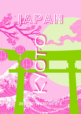 Japan Travel Poster, Kyoto Japan Travel Art, Pink Travel Art