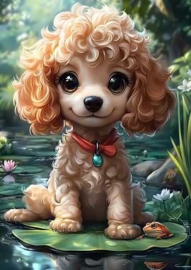 Cute Poodle on Lily Pad Animal