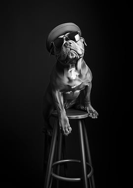 Chic Dog Portrait - Bulldog in Beret and Shades - Cool Dog in Sunglasses
