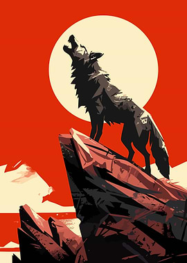 Wolf Howling at the Moon Red Sky Minimalist Art Illustration