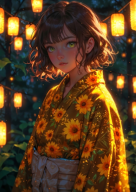Sunflower Yukata: Anime Girl on Festival