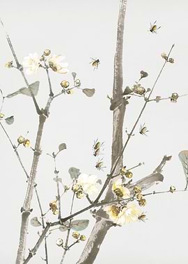 Watercolor Branch with Bees