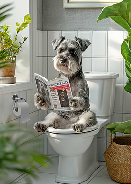 Schnauzer Dog Reading on Toilet