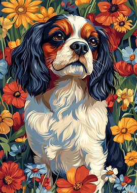 Cavalier King Charles Spaniel in Flowers | Dog Wall Art Print