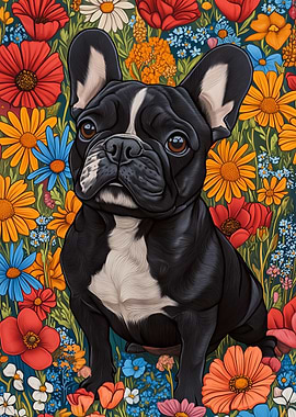 Black French Bulldog in Wildflowers | Dog Wall Art Print