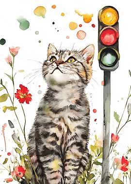 Cat and Traffic Light Watercolor