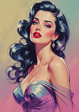 Brunette Glamour Pin-up Blue Dress