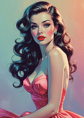 Brunette Pin-up Pink Dress