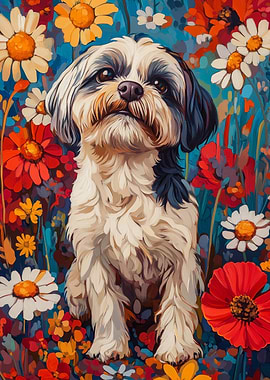 Dog in Flower Field | Shih Tzu in Wildflower Field | Dog Wall Art Print
