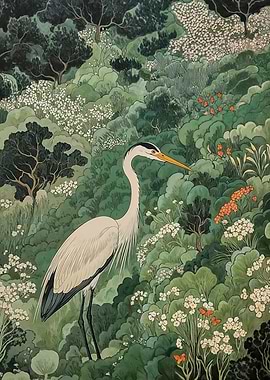 Heron in a japanese Botanical Garden in retro Sage Green Aesthetic