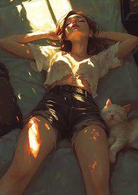 Sunbeam Snooze, Sleeping Girl and Cat