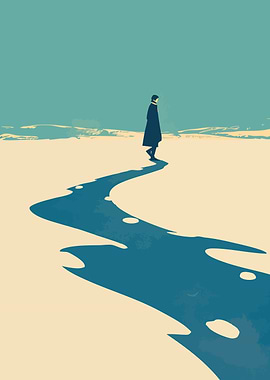 Lone Snowy Walk Minimalist Art Illustration