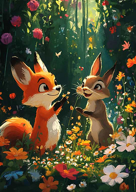 Fox and Rabbit in a Meadow