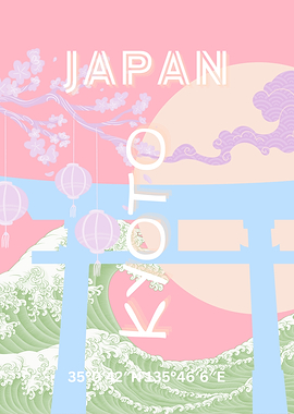 Kyoto Japan Travel Art, Pink Pastel Travel Art