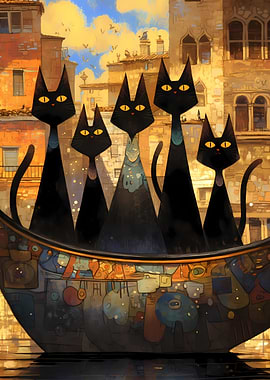 Middle Age Black Cats in Gondola Venice