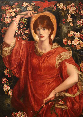Woman in Red Dress with Blossoms