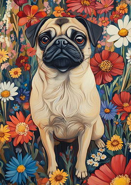Pug in a Flower Field | Pug Surrounded by Blooms | Dog Wall Art Print