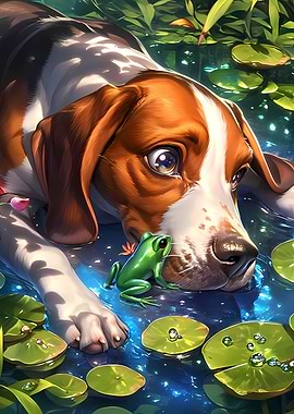 Beagle Dog and Frog by the Pond Animal