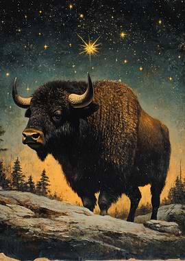 Bison Under Starry Sky